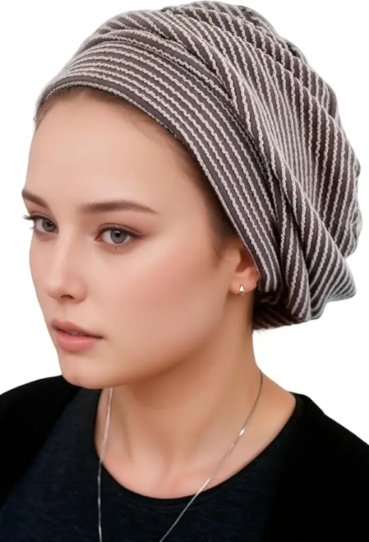 Striped Slouchy Beret in Grey